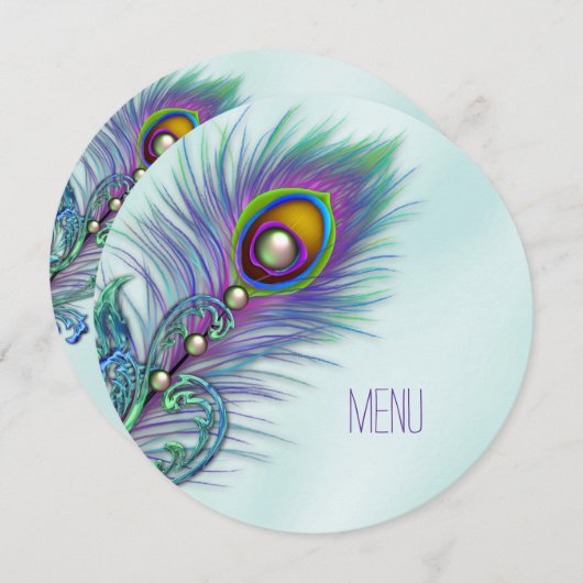 Lila und Aquamarines Blue Peacock Wedding Menu Einladung (Vorne/Hinten)