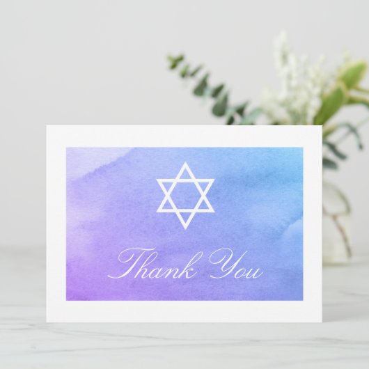 Lila und Aquamarines Wasserfarbbat Mitzvah Flat Dankeskarte (Stehend Vorderseite)