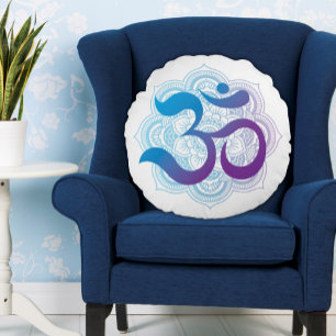 Lila und blau Om Symbol Mandala Blume Weiß Rundes Kissen