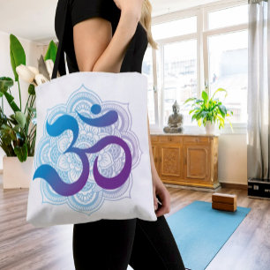 Lila und blau Om Symbol Mandala Blume Weiß Tasche