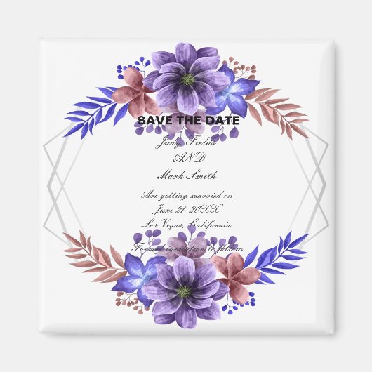 Lila und blaue Aquarellblumen Save the Date Magnet (Vorne)