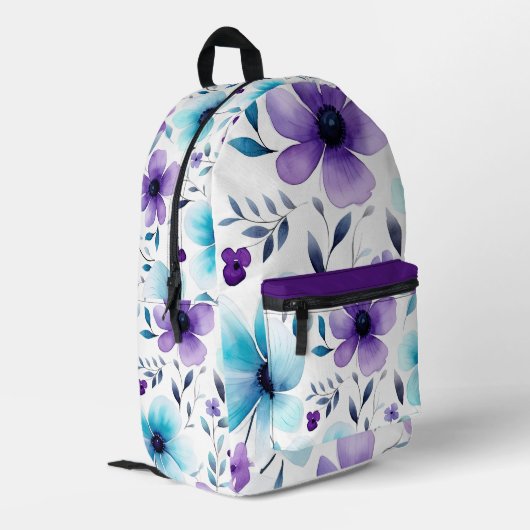 Lila und blaue Blume Bedruckter Rucksack (Rückseitige Ecke links)