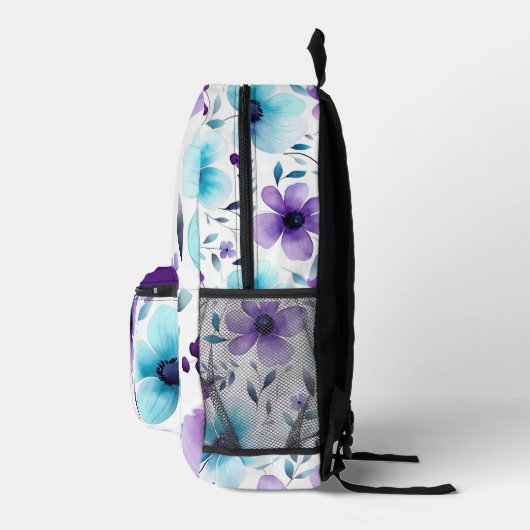 Lila und blaue Blume Bedruckter Rucksack (Rechts)