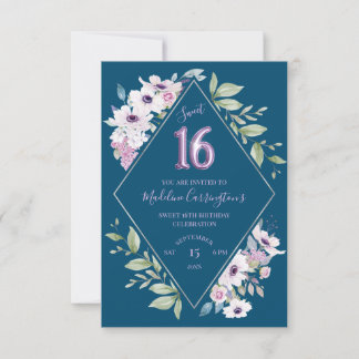 Lila und blaue Blume Diamond Sweet 16 Geburtstag Einladung