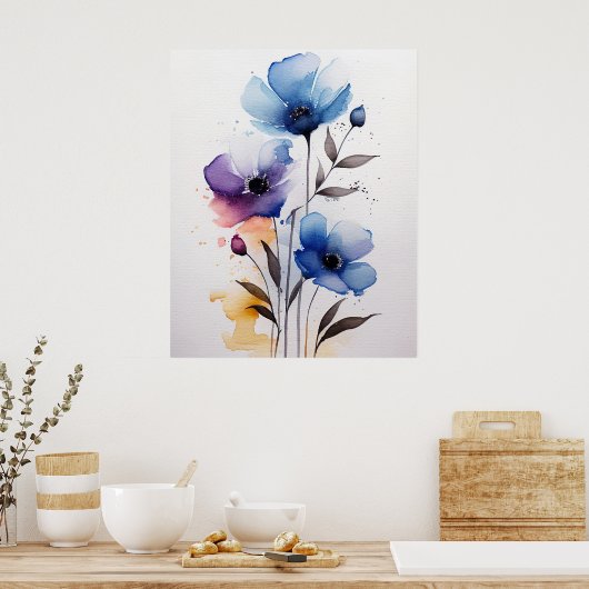Lila und blaue Blume Poster (Küche)
