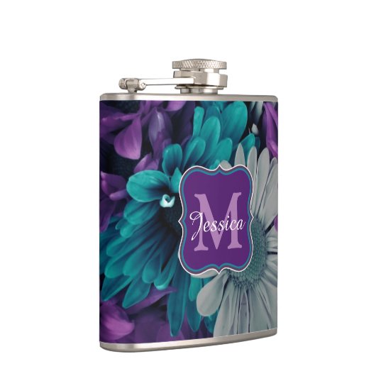 Lila und blaue Blume Schmutz Personalisiert Flachmann (Rechts)