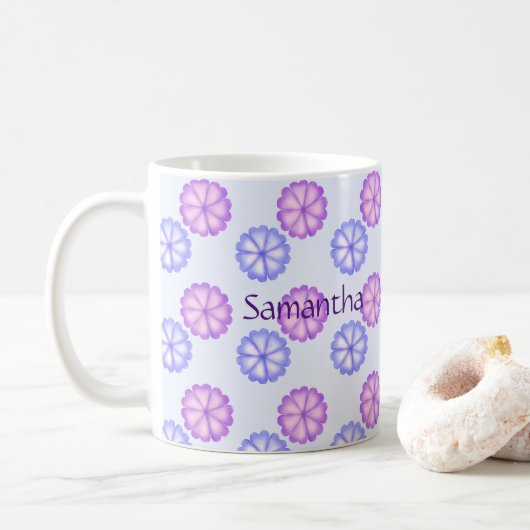 Lila und blaue Blumen Kaffeetasse (Mit Donut)