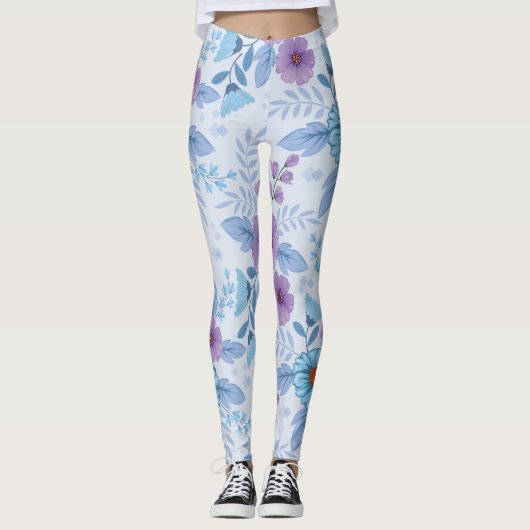 Lila und blaue Blumen Leggings (Vorderseite)