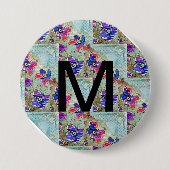 Lila und blaue Blumen Squares Zigzags Button (Vorderseite)