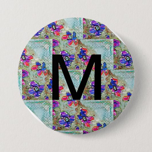Lila und blaue Blumen Squares Zigzags Button (Vorderseite)