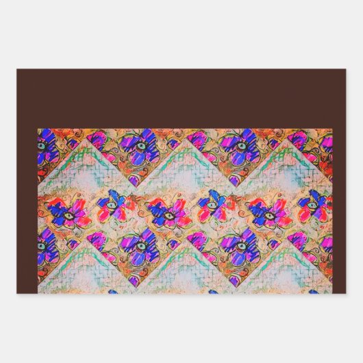 Lila und blaue Blumen Squares Zigzags Geschenkpapier Set (Vorderseite 3)