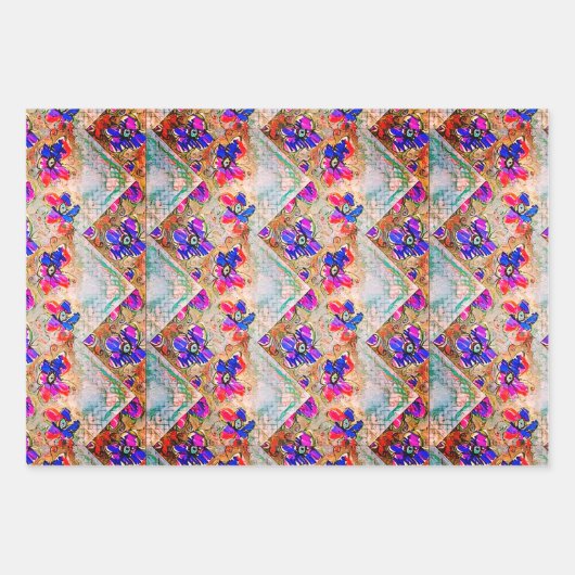 Lila und blaue Blumen Squares Zigzags Geschenkpapier Set (Vorderseite 2)