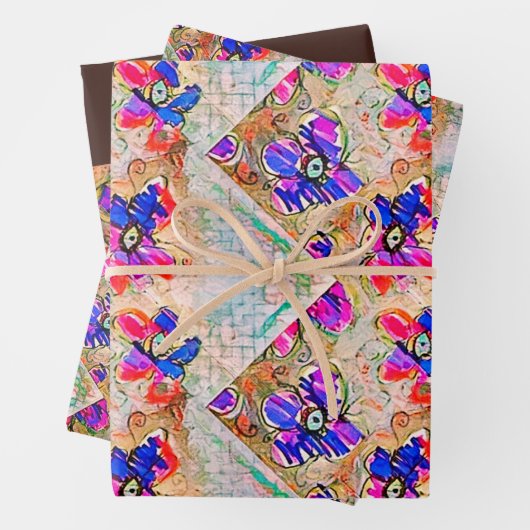 Lila und blaue Blumen Squares Zigzags Geschenkpapier Set (Beispiel)