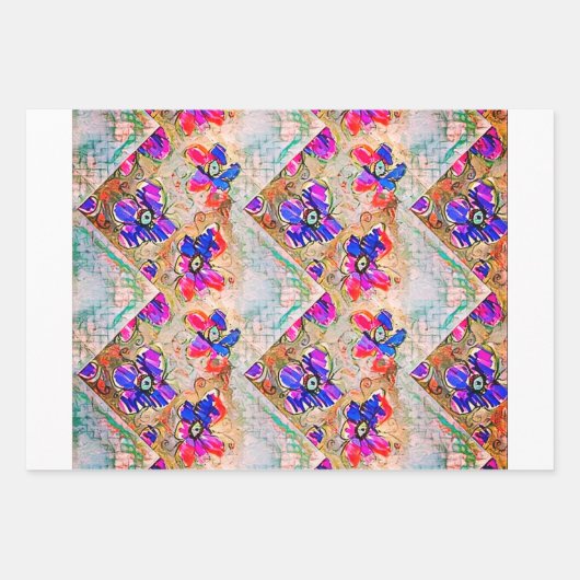 Lila und blaue Blumen Squares Zigzags Geschenkpapier Set (Vorderseite)