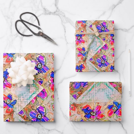 Lila und blaue Blumen Squares Zigzags Geschenkpapier Set (Vorderseite)