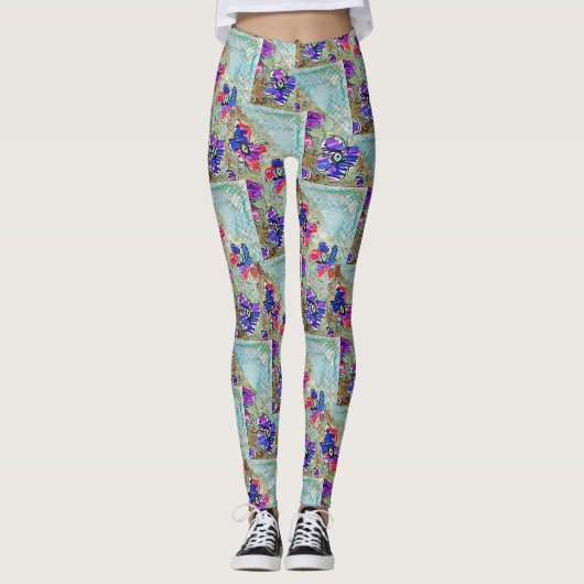 Lila und blaue Blumen Squares Zigzags Leggings (Vorderseite)