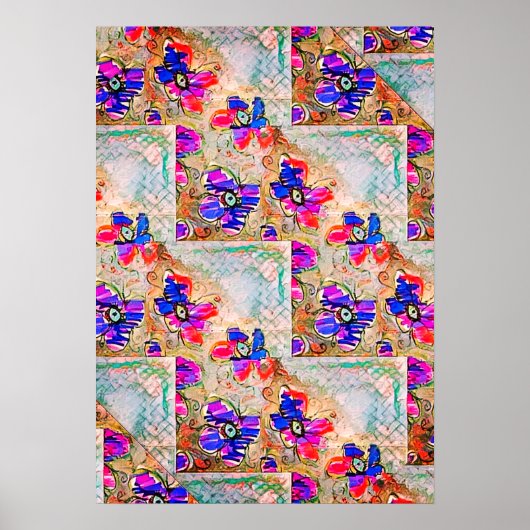 Lila und blaue Blumen Squares Zigzags Poster (Vorne)
