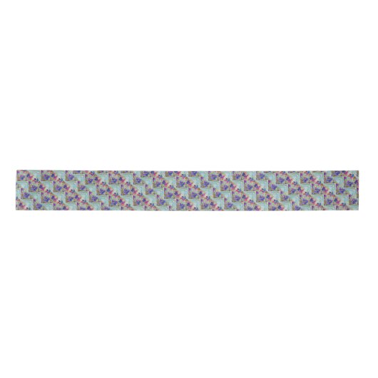Lila und blaue Blumen Squares Zigzags Satinband (Vorderseite)