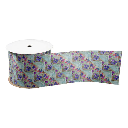 Lila und blaue Blumen Squares Zigzags Satinband (Spule)