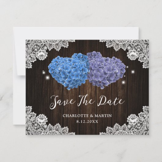 Lila und blaue Blumenzehen speichern die Datumskar Save The Date (Vorderseite)