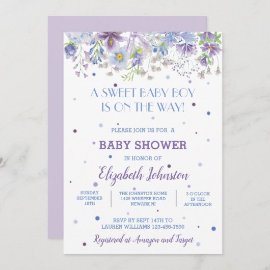 Lila und blaue Blütenbaby-Dusche Einladung (Vorne/Hinten)