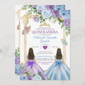Lila und blaue Blütenkrone - Quinceañera Einladung (Vorne/Hinten)
