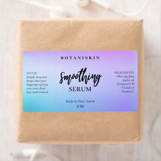 Lila und blaue Face- und Haarserumetiketten (Insitu)