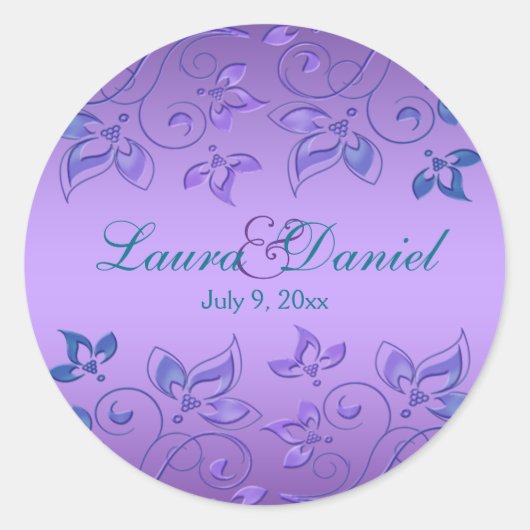 Lila und blaue Flora 1,5" Round Wedding Sticker (Vorderseite)