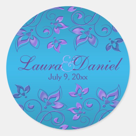 Lila und blaue Flora 1,5" Round Wedding Sticker (Vorderseite)