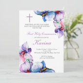 Lila und blaue Flora Erste Heilige Kommune Einladung (Stehend Vorderseite)