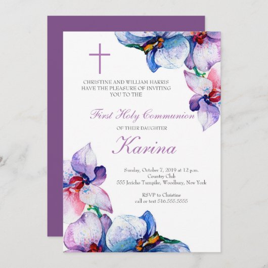 Lila und blaue Flora Erste Heilige Kommune Einladung (Vorne/Hinten)
