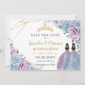 Lila und blaue Flora Twins Quinceanera Sweet 16 Save The Date (Vorderseite)