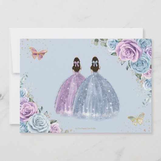 Lila und blaue Flora Twins Quinceanera Sweet 16 Save The Date (Rückseite)