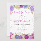 Lila und blaue Floral Pumpkins Fall Sweet 16 Einladung (Vorderseite)