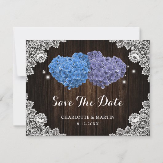 Lila und blaue florale Hochzeit Save The Date (Vorderseite)
