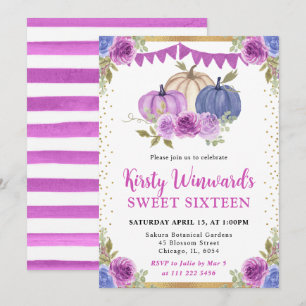 Lila und blaue florale Kürbisse Herbst Sweet 16 Einladung
