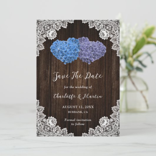 Lila und blaue Hochzeit speichern das Datum Save The Date (Stehend Vorderseite)