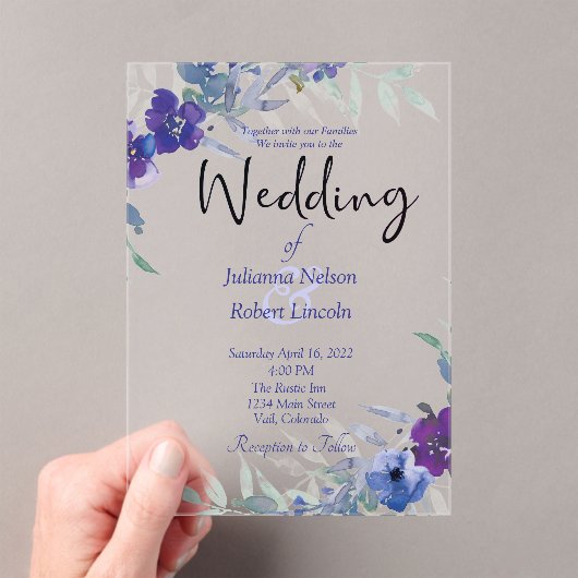 Lila und blaue Hochzeitsfeier Acryleinladungen (Insitu (Handheld))