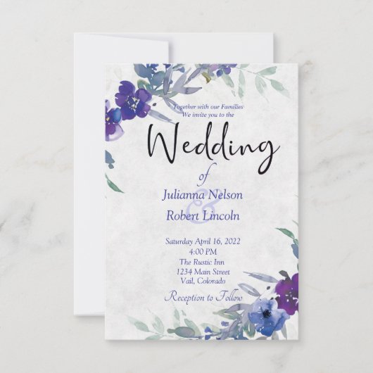 Lila und blaue Hochzeitsfeier Einladung (Vorderseite)