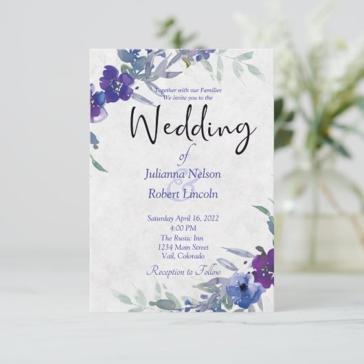 Lila und blaue Hochzeitsfeier Einladung (Stehend Vorderseite)