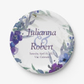 Lila und blaue Hochzeitspapiere Teller (Vorderseite)