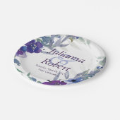 Lila und blaue Hochzeitspapiere Teller (Schrägansicht)