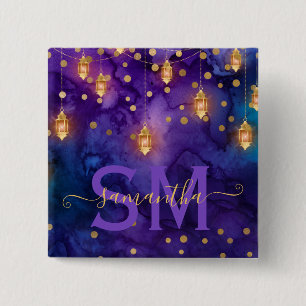 Lila und blaue Laternen-Glow-Monogramm Button