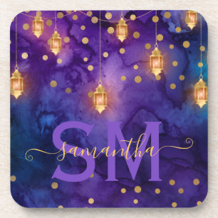 Lila und blaue Laternen-Glow-Monogramm Getränkeuntersetzer