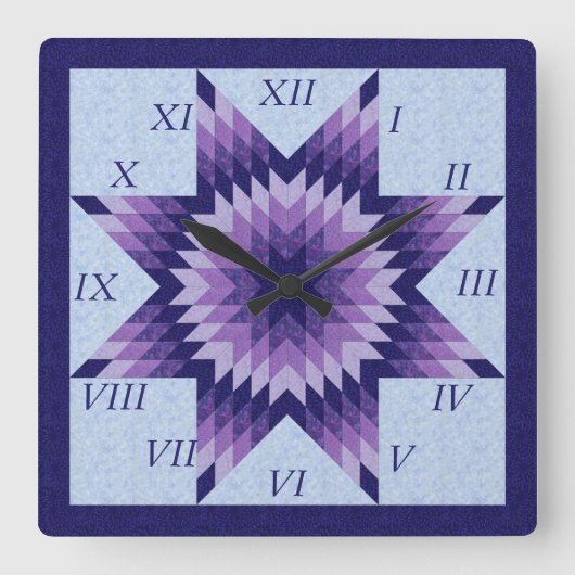 Lila und blaue Lone Star Quilt Design Square Wall Quadratische Wanduhr (Vorderseite)