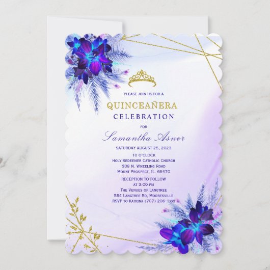 Lila und blaue Orchidee Quinceñera Einladung (Vorderseite)