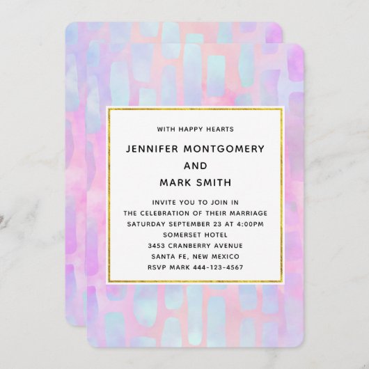 Lila und blaue Rechteck-Formen auf rosa Hochzeit Einladung (Vorne/Hinten)
