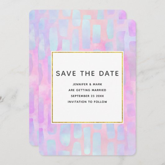 Lila und blaue Rechteck-Formen auf rosa Hochzeit Save The Date (Vorne/Hinten)