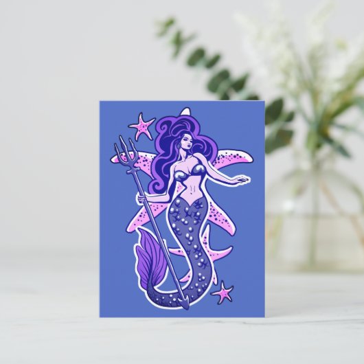Lila und blaue Retro-Button-Up-Meerjungfrau Postkarte (Stehend Vorderseite)