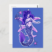 Lila und blaue Retro-Button-Up-Meerjungfrau Postkarte (Vorne/Hinten)